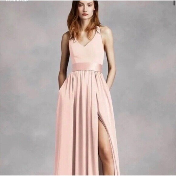 White by Vera Wang Maxi Dress Size 0 Blush Pink Satin Halter Bow Back Bridesmaid - Picture 12 of 12